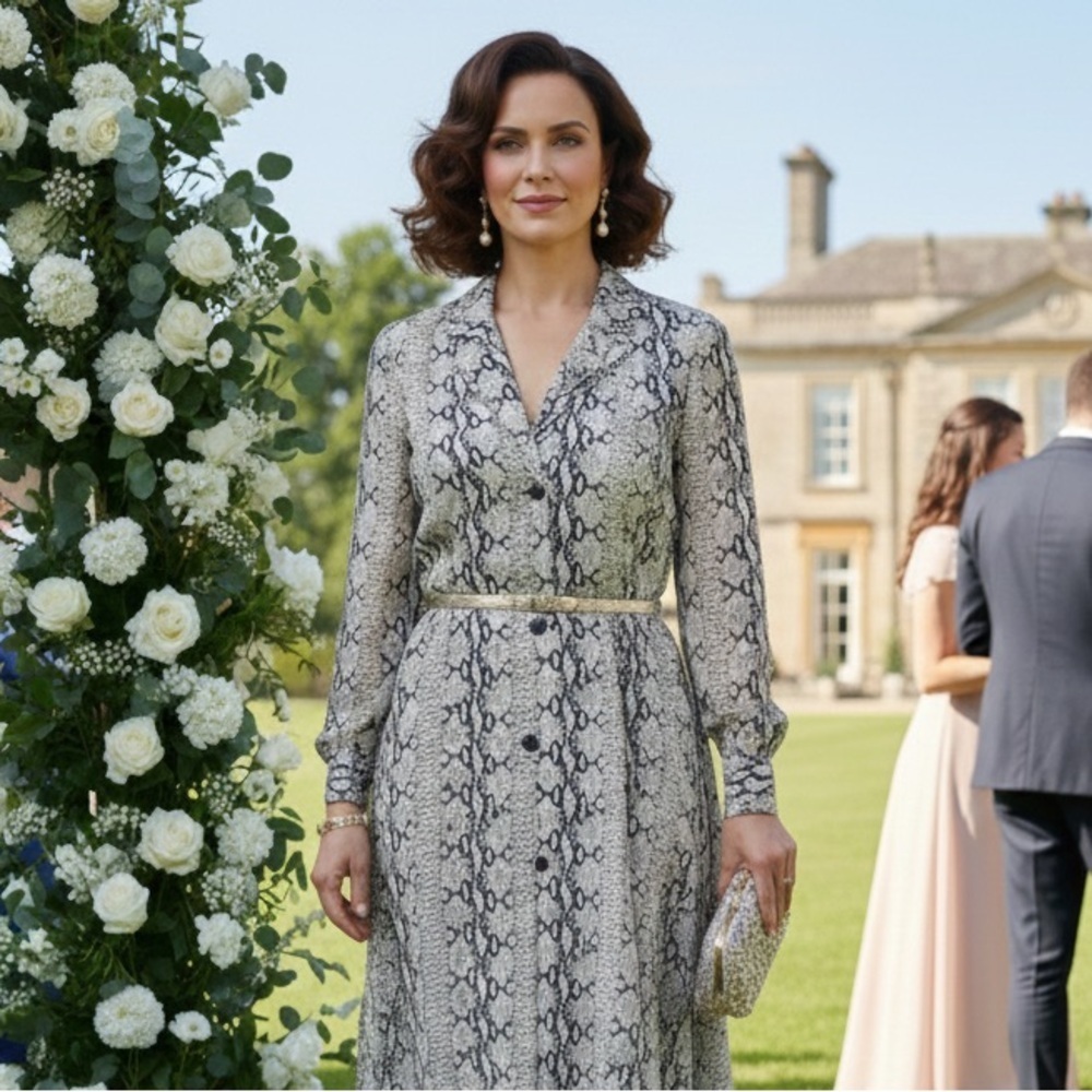 Reflections 100% Silk Snake Print Collared Button Up Midi Shift Dress 10